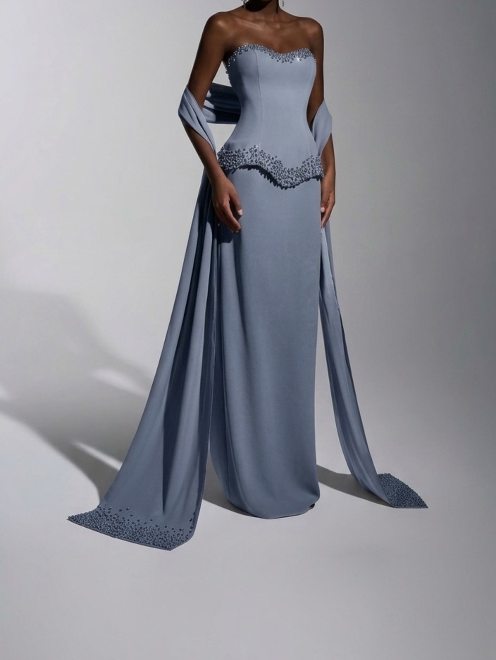 Strapless Beaded Maxi Dress in Slate Blue